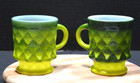 Vintage Anchor Hocking Fire King Kimberly Diamond Milk Glass Mugs Green Set of 2