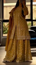 Latest Heavy Faux Georgette Top Palazzo And Mustard Yellow Dupatta For Festival