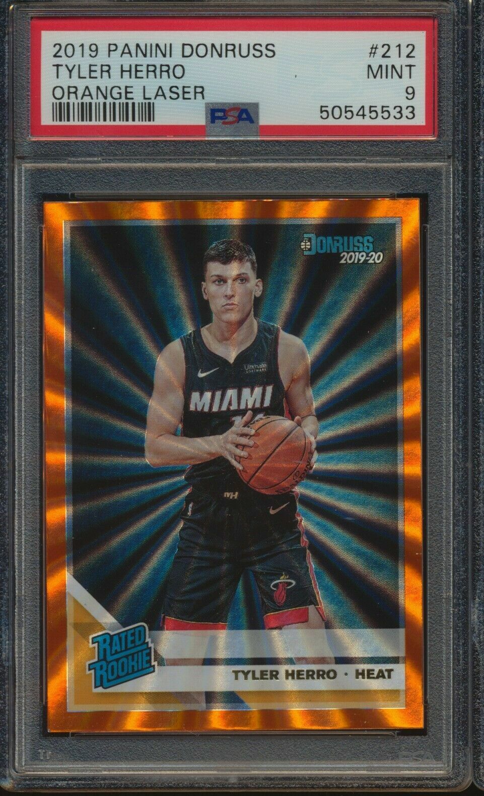 Tyler Herro 2019 20 Panini Donruss # 212 Orange Laser RC Rated PSA 9 Mint Heat