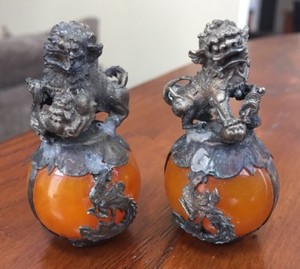 Antique Chinese Foo Dogs Nickel Silver Statue w/ Carnelian Stone Sphere Set