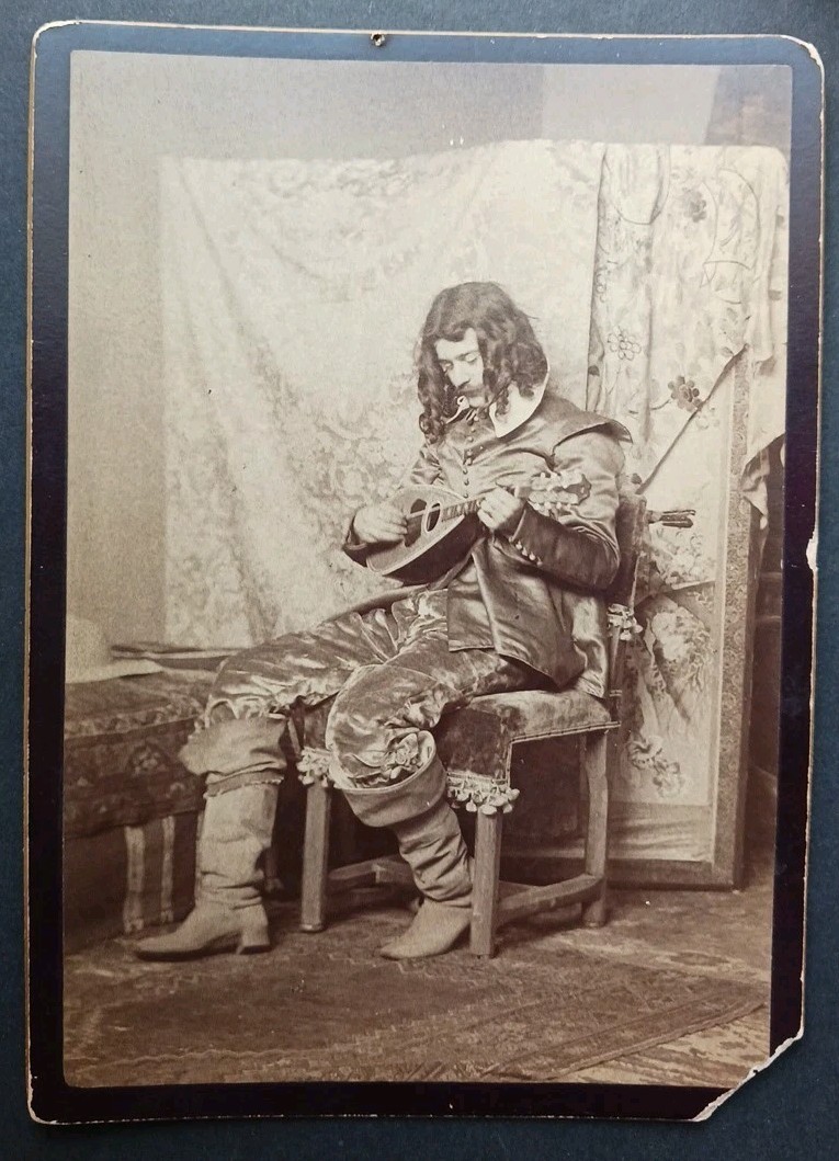 MINSTREL & MANDOLIN cabinet card musician theater actor performer VTG photo hair