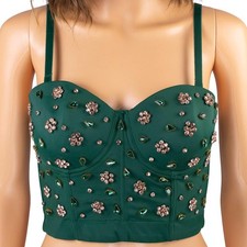Bustier Corset Green Crystal Rhinestone Floral Top Bejeweled Festival M