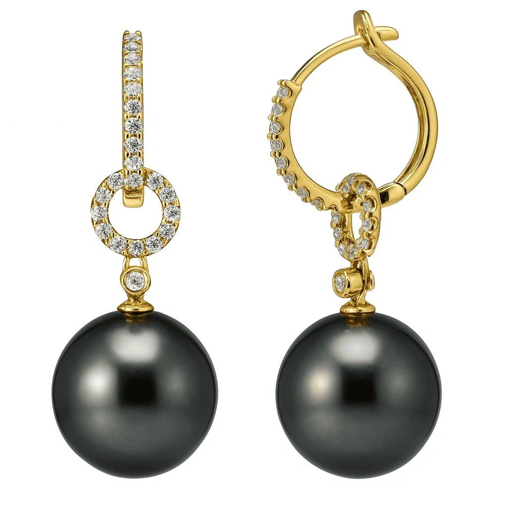 18K Yellow Gold Tahitian Cultured Pearl & Diamond Earrings 11-12mm 0.29 ct tw