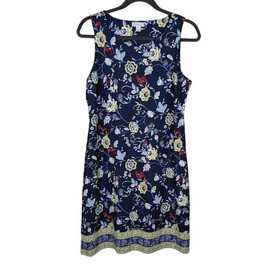 Charter Club Womens Petite PL Navy Blue Floral Sleeveless Shift Dress Border Hem