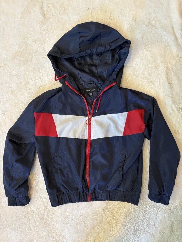 New Look Women’s Hooded Full Zip Windbreaker Jacket Colorblock Navy Red S