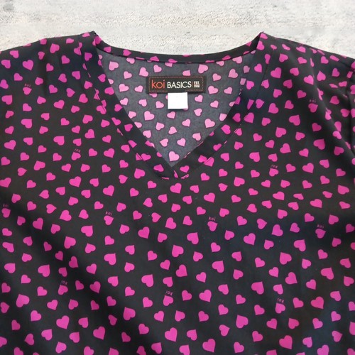 Koi Basics Scrub Top Womens Small Pink Heart Patterned Short Sleeve - Picture 2 of 10
