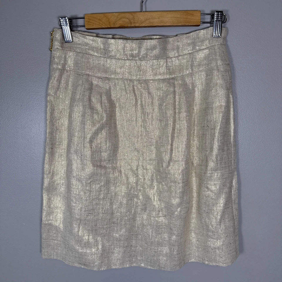 Falda Kate Spade Piper Starlight dorada 100 % lino talla 4 forrada cremallera lateral vacaciones Foto 2 de 4