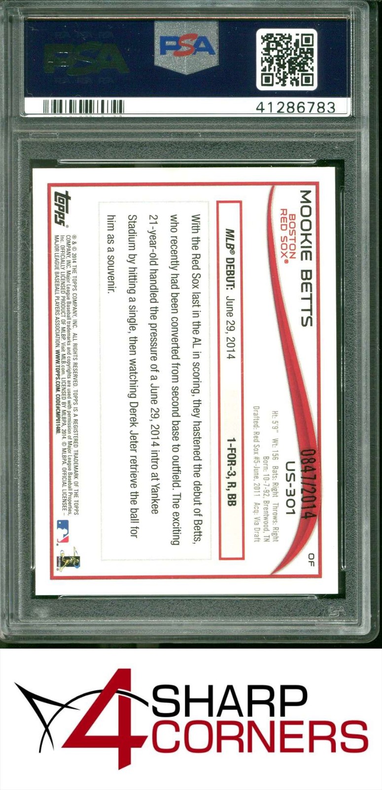 2014 TOPPS UPDATE GOLD #US301 MOOKIE BETTS RC #/2014 PSA 10 view 2