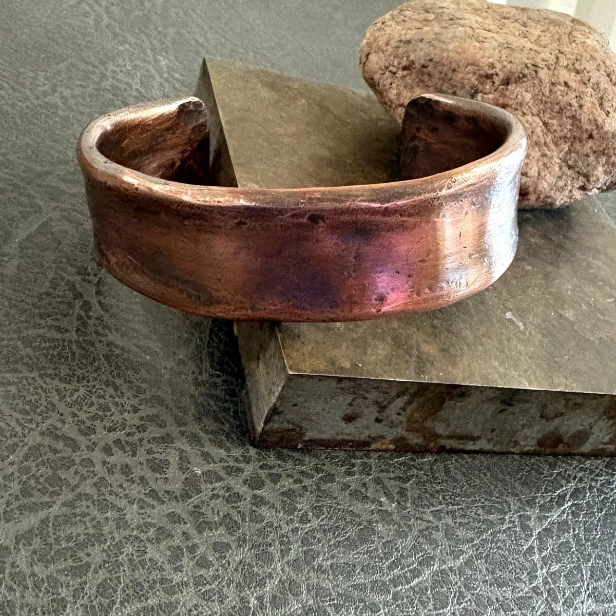 Pure Copper Men’s Handmade Wide Thick Cuff, Hammered Concrete Finish Bracelet