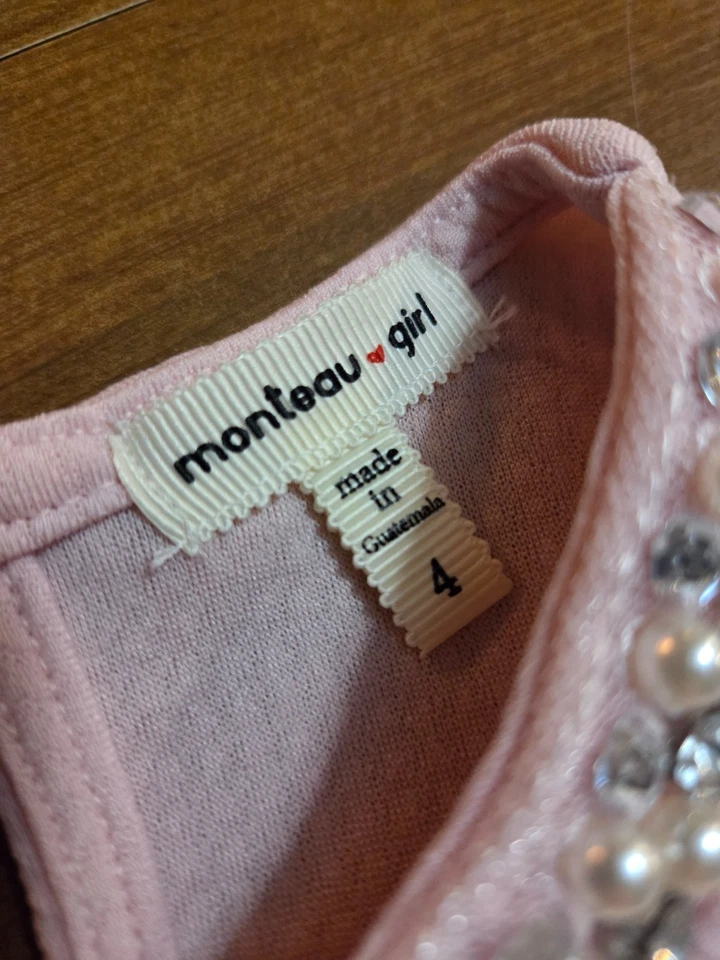 Vestido Monteau Rosa Claro Estrás Perla Manga Gorra Niñas Talla 4 Foto 3 de 4