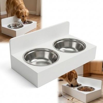 STÄNDER mit SCHÜSSELN Doppelständer für Hunde aus Holz, WEISS, für Wasser und Fu