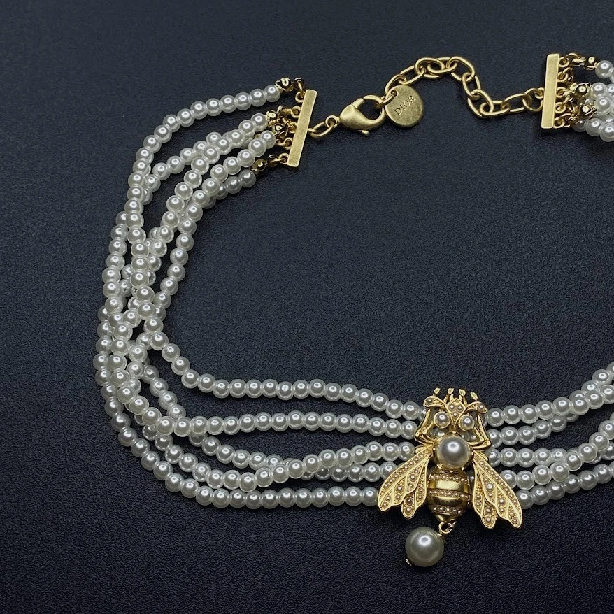 Christian Dior Gold Pave Crystal Bee Charm Pearl Choker Necklace - Image 2 of 4