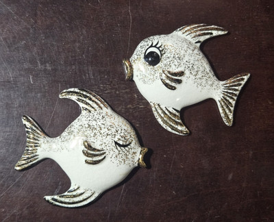 Vintage Leftons White Black  & Gold Angel Love kissing Fish Pair Wall Decor 50s