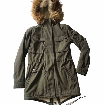 S13 NYC Coat Parka Size S/M ? Womens Faux Fur Hood Pockets Olive Green Sherpa