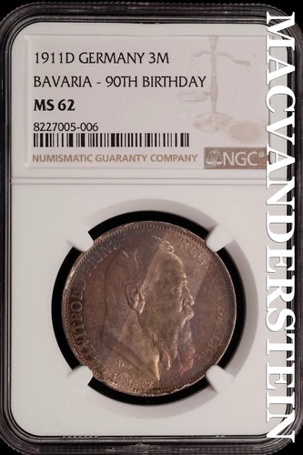 Germany: 1911-D Bavaria 3 Marks - NGC MS 62 - Scarce  No Reserve  #SLi469