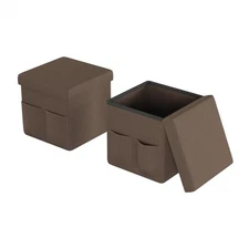 Lavish Home Storage Cube Ottoman Brown Foldable Side Pockets Durable Set of 2