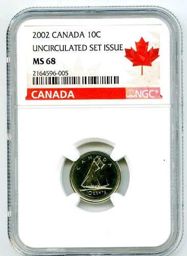 2002 10C CANADA NGC MS68 GOLDEN JUBILEE QEII BLUENOSE DIME 10 CENT TOP GRADE=8