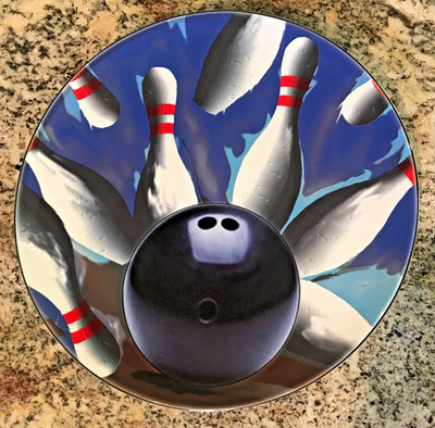 Bowling Night Plate Platter Black Ball & White Pins Blue by Luminarc