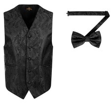 Men's Paisley Formal Waistcoat Tuxedo Dress Vest Bow Tie Set for Large Black