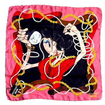 MOSCHINO Scarf 100% Silk Square Popeye Glam OLIVE OYL w/Necklace Italy NWT RARE