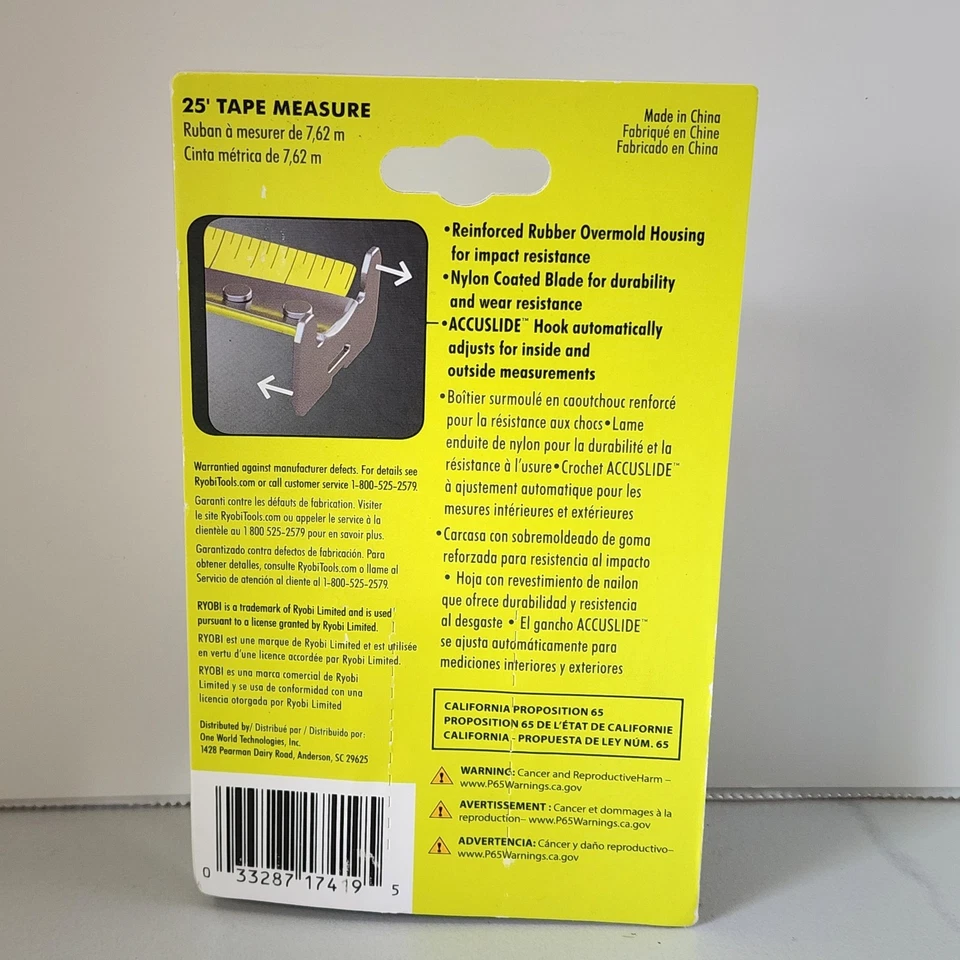 Ryobi 25’ Tape Measure RTM25  Fraction Markings 7ft Standout Wire Form Clip - Image 2 of 4