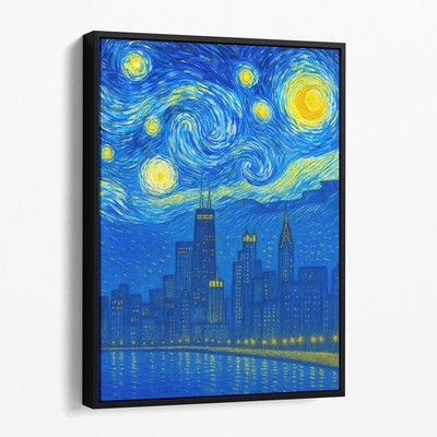Chicago As Van Gogh Starry Night Blue Retro City Canvas Wall Art Print