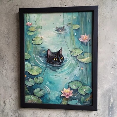 Schwarze Katze Kunstdruck Seerosenteich Wandbild Poster Druck Katzenbild Katze Geschenkidee (2