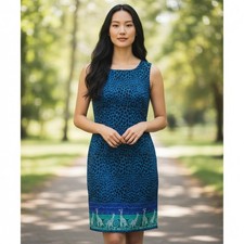 Vintage Sag Harbor Blue Giraffe Border Print Sheath Dress Size 12
