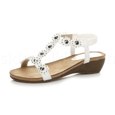Damen Ladies Medium Keilabsatz T-Steg Blume Strass Slingback Sandalen Größe