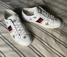 Gucci ace gold bee/star white leather trainers - size 38 uk 5 fit uk 6