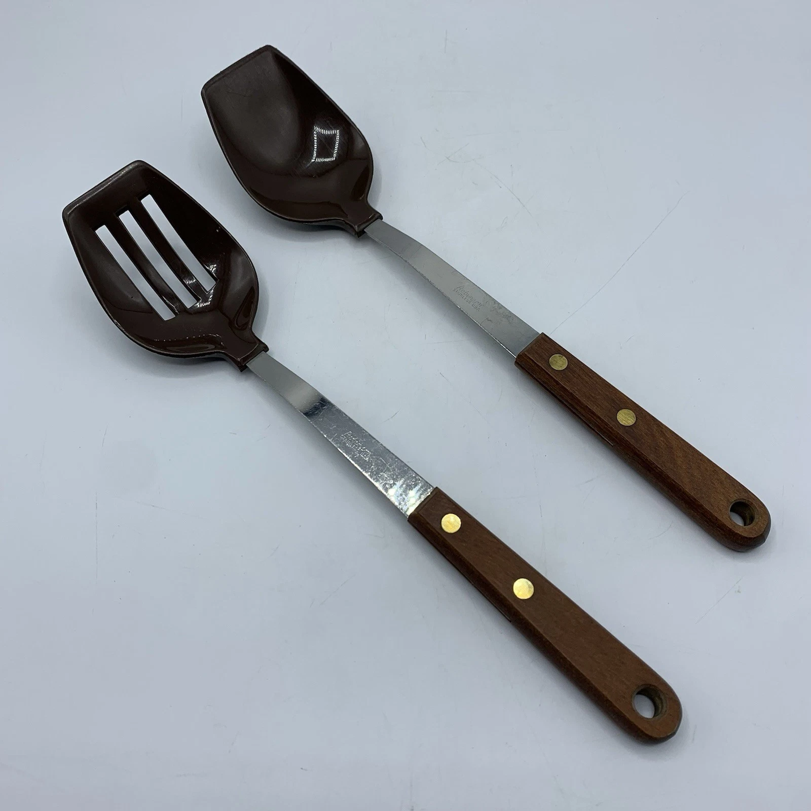 Robinson 11.5” Stainless Steel Serving Spoons Brown Plastic & Wood Handle MCM