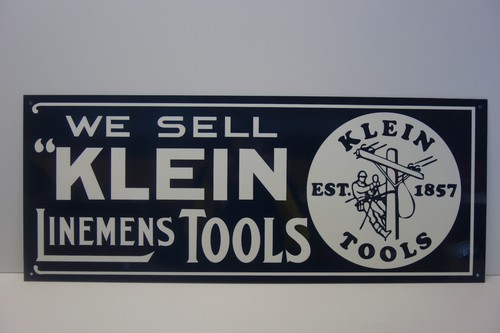 KLEIN LINEMAN'S TOOLS WE SELL 30" W X 12" H TWO SIDED STEEL ENAMEL DIE CUT SIGN - Picture 2 of 3