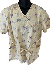 SB Scrubs Top Women's Medium Yellow Multicolor Butterfly V-Neck Short Sleeve