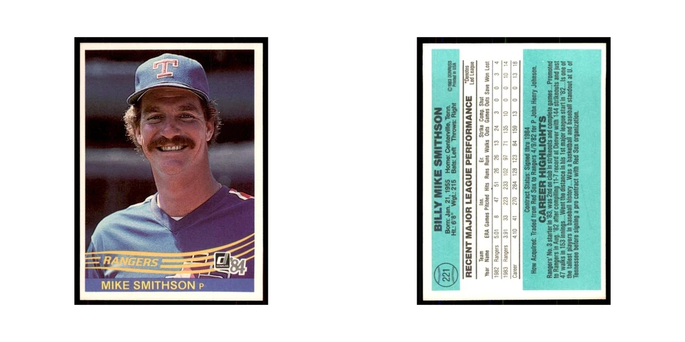 Mike Smithson Rookie 1984 Donruss #221 Texas Rangers Baseball Card NM - Image 3 of 3