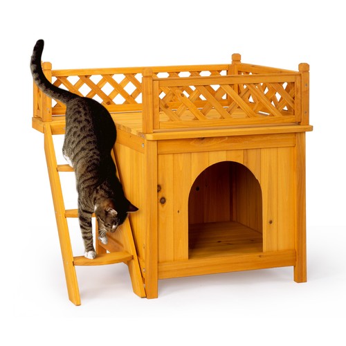 Two Story Cat House Outdoor Wooden Feral Cat Shelter with Balcony & Escape Door - Picture 2 of 9