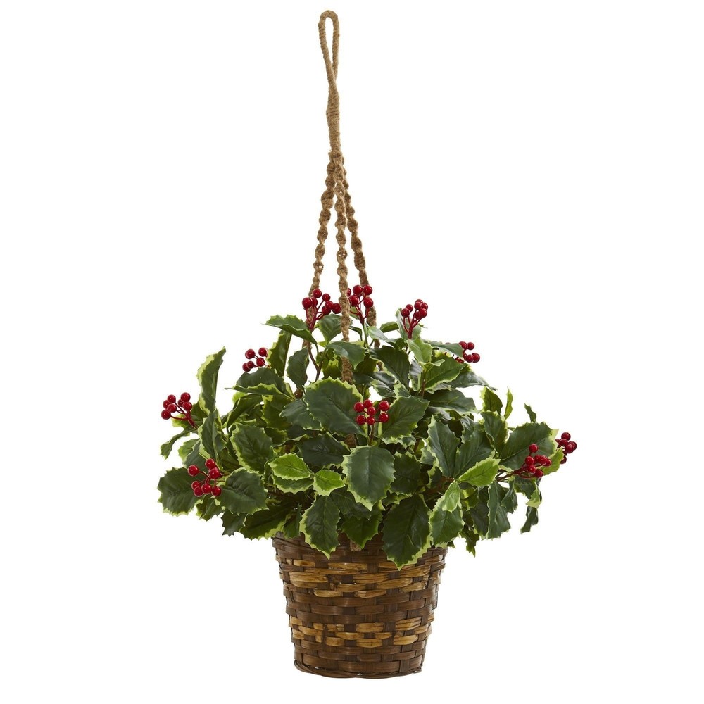 26” Variegated Holly Artificial Hanging Basket (Real Touch) Silk Plants Green