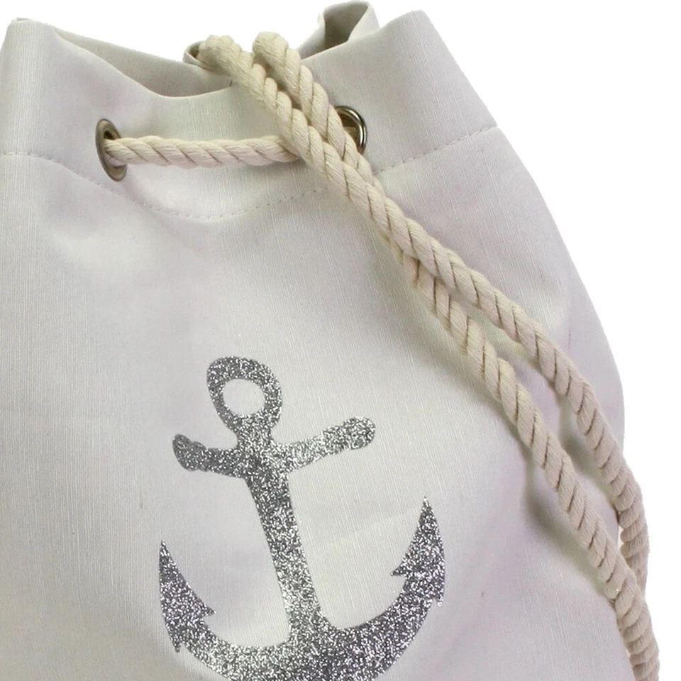 Toller Seesack in Weiß mit Glitzer Anker. Rucksack mit Strohboden und Kordelzug - Bild 2 von 4