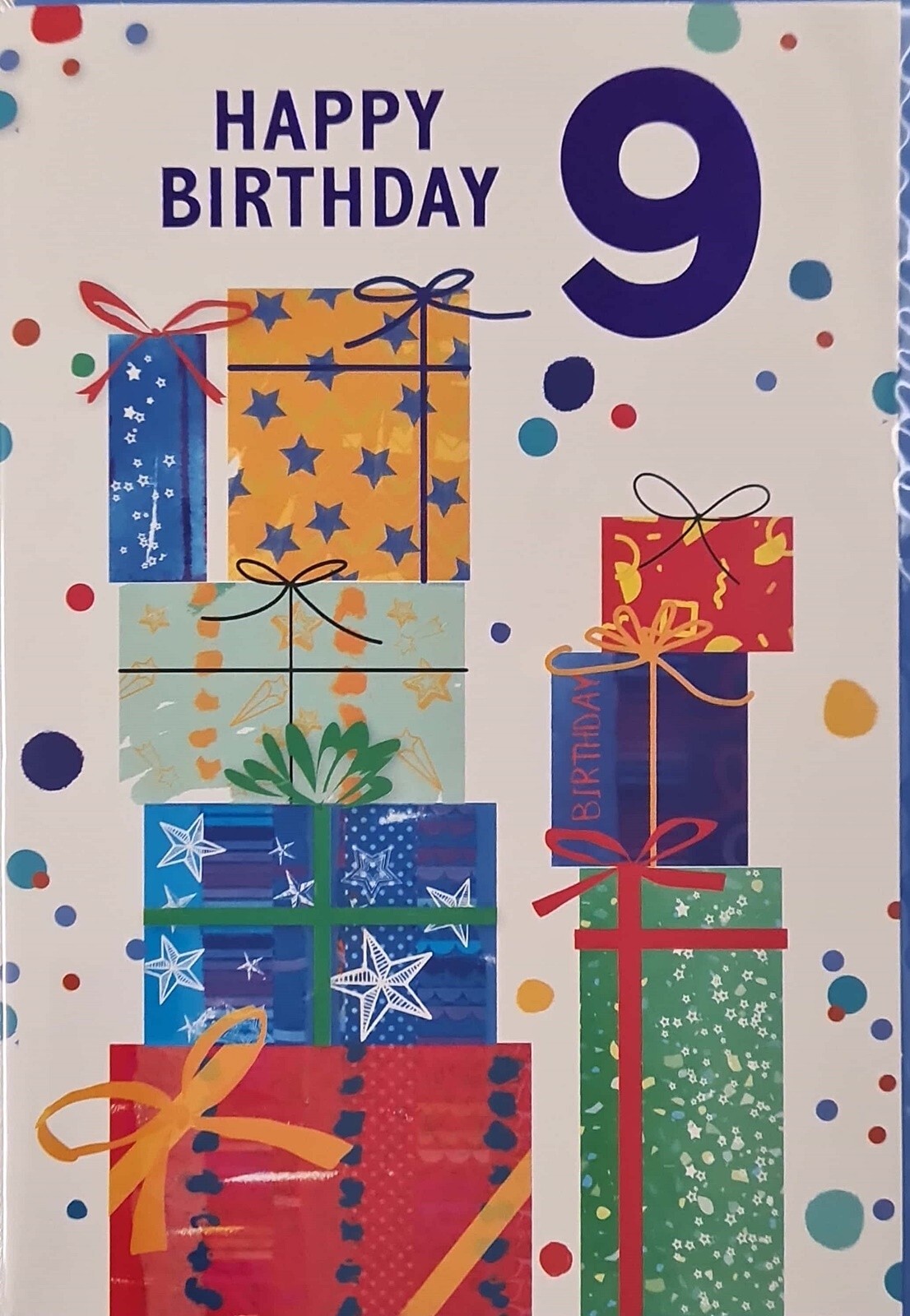 Happy 9th Birthday Card 9 Today Lots of Presents Gifts Fun Colourful Purple Foil