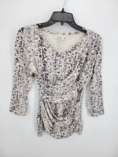 Cabi Top Womens Small Beige Animal Print Layered Wrap Boho Scoop Neck Stretch