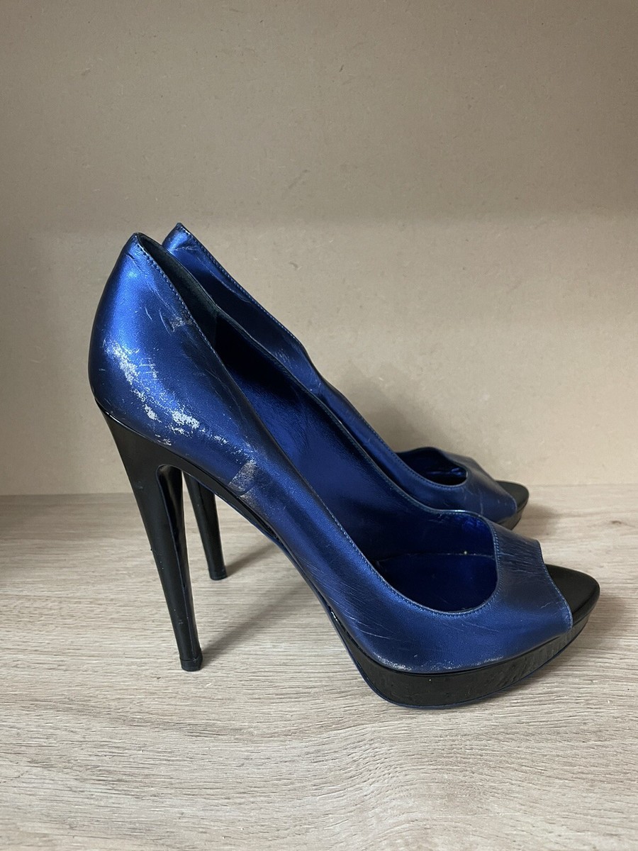 Leather Navy Round Toe Heels MIU MIU Navy Blue Patent Leather