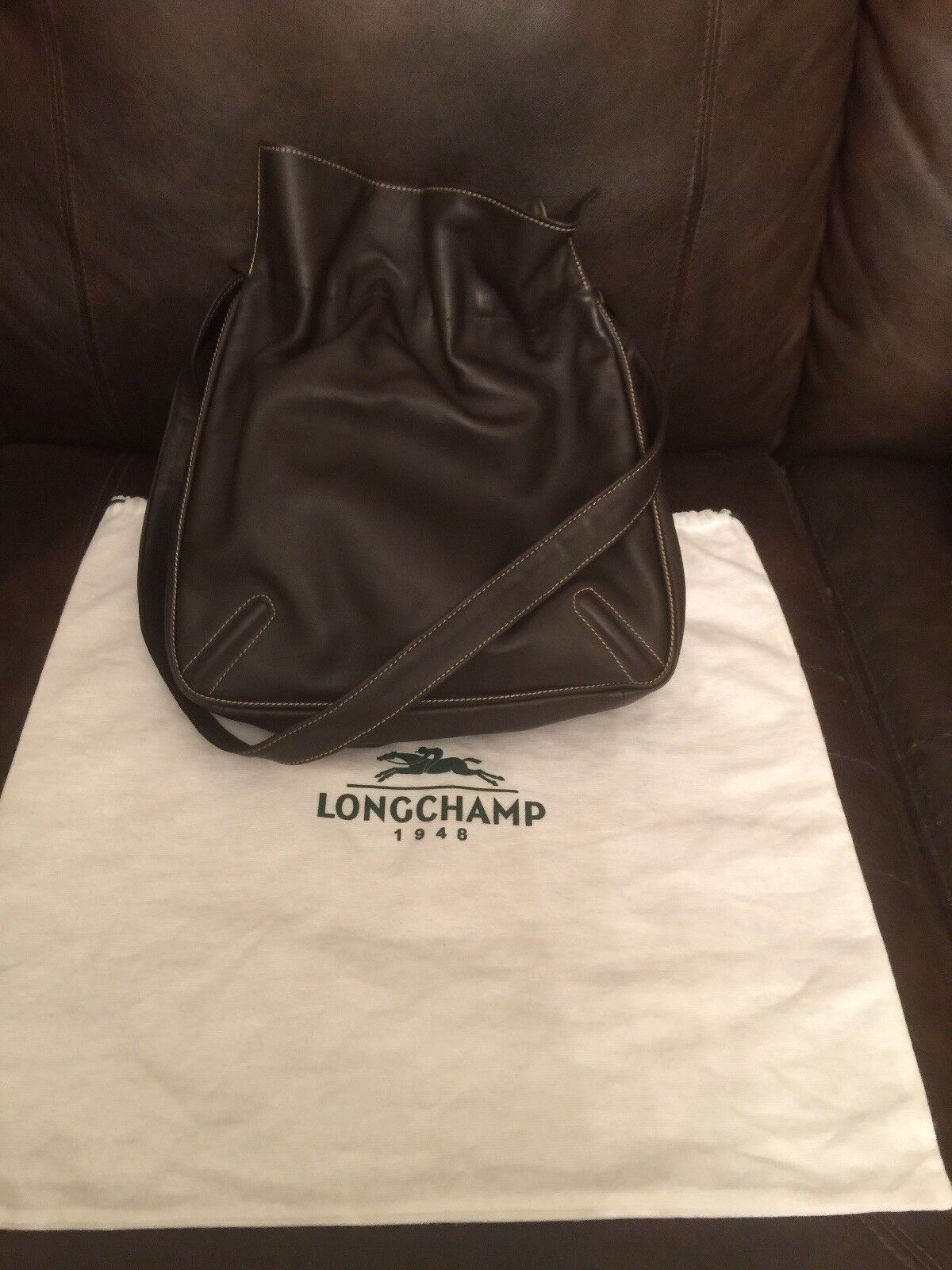 Rare LONGCHAMP Brown Leather Drawstring Bag Authentic - Gem