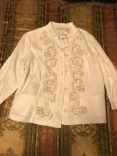 Chico's White 100 Linen w/ Wooden Beads Jacket,Size 2, Reg 12, 3/4 slv, N/w tag