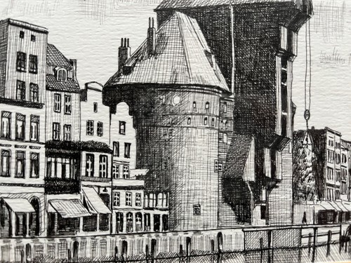 Federzeichnung Ostseehafen Danzig Polen Gdansk 1990 Monogramm gerahmt - Bild 4 von 12
