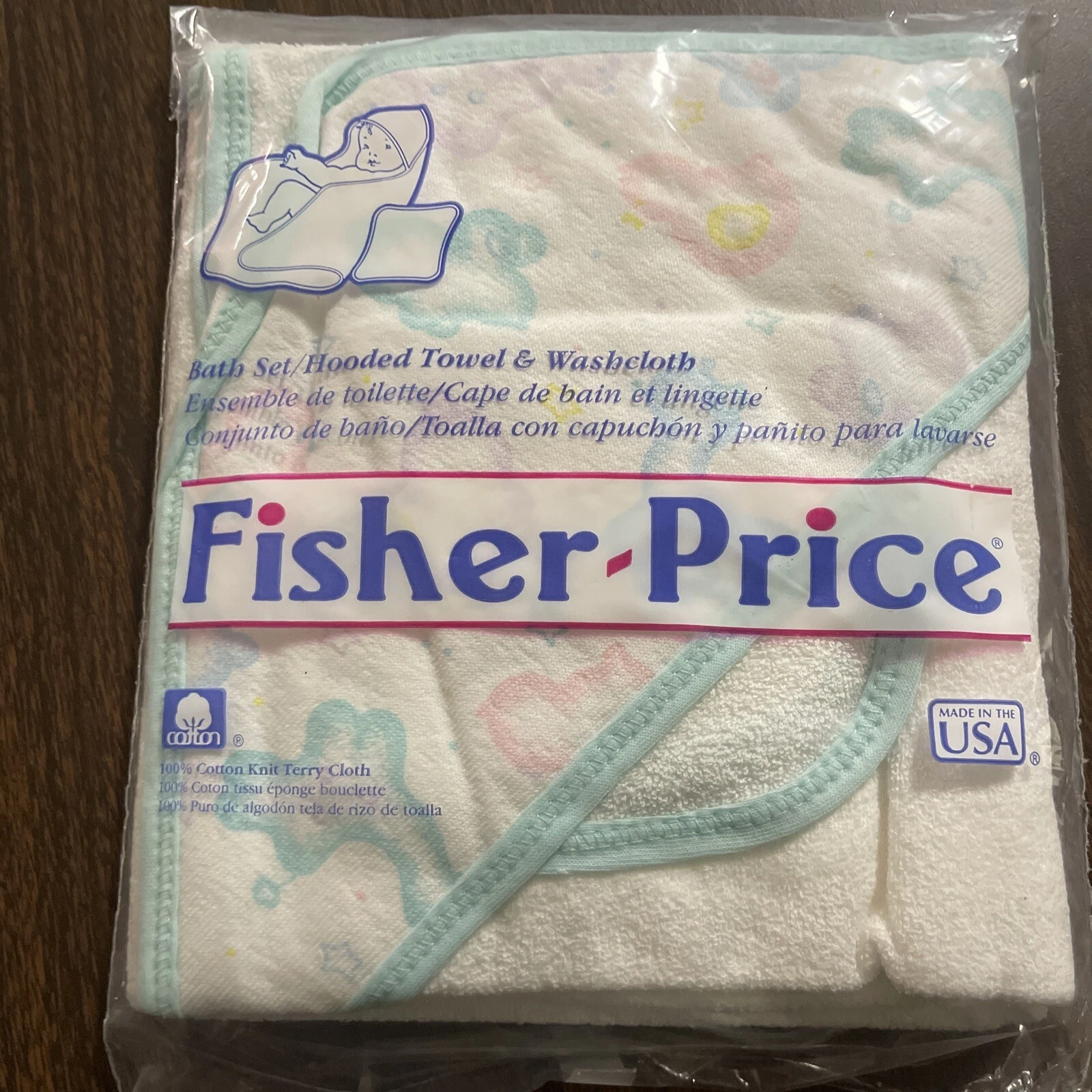 1993 Vintage Fisher Price Aqua Trim Bath Set Hooded Towel/Washcloth New In Pkg