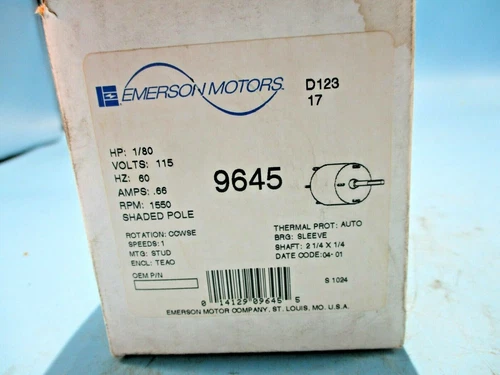 NEW EMERSON MOTORS 9645 SHADED POLE FAN MOTOR 1/80HP 115V 1550RPM 1-SPEED CCWSE 