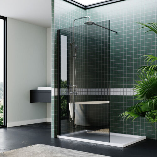 Black Shower Enclosure Walk In Wet Room Screen Cubicle 8mm Dark Grey NANO Glass