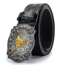 Western-Cowboy-Belts for Men Women Floral-Engraved-Belt with Longhorn-Bull-Head