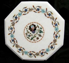 12" Marble Corner Table Top Floral Inlay Pietradura Handmade Work