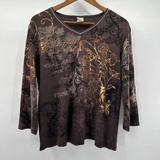 Jess Jane Shirt Top Womens XL Brown Foil Metallic Art Floral Travel Basic