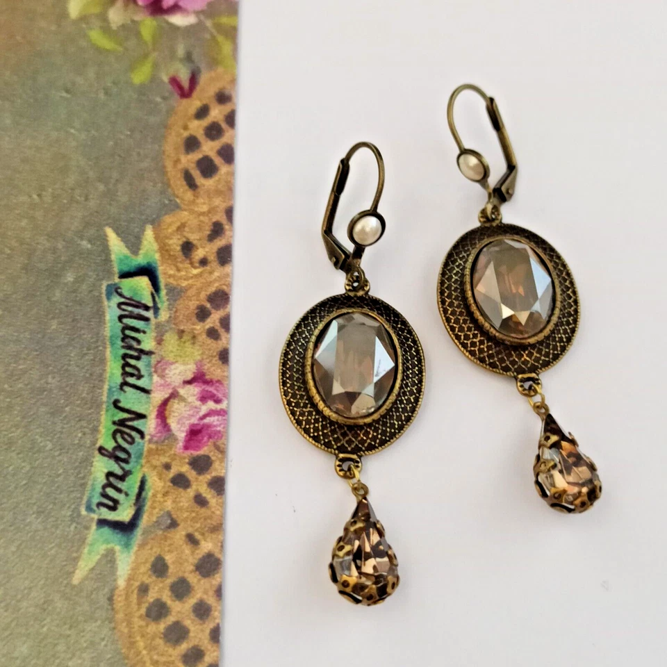 Pendientes Michal Negrin Grandes Gris Ahumado/Marrón Ovalados Facetados Cristal Brillante Deco Foto 4 de 4